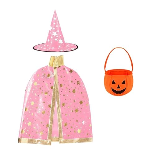 Gujey Kinder Halloween Kostüm, Halloween Hexe Zauberer Umhang, Zauberermantel Mit Hut Kürbis Candy Bag, Requisiten Set für 3-12 Kinder Junge Mädchen Kostüm Cosplay Festivel Party (E) von Gujey