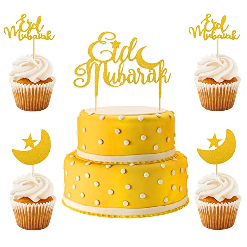 Gukasxi 21 Stück Eid Mubarak Tortendeko, Eid Mubarak Cake Topper, Tortendeko für Eid Mubarak, Glitzer Gold Eid Mubarak Tortenaufsatz Ramadan Cake Topper für Eid Ramadan Muslim Kuchendeko von Gukasxi