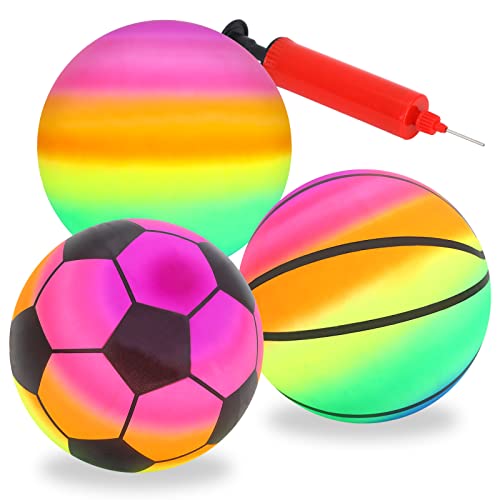 Gukasxi 3 Stück Regenbogen Inflation Strand Bälle mit Pumpe, Rainbow Bouncy Kickball Kinder Sport Spielen Ball Wasserball Fußball Handball Spielzeug für Indoor Outdoor Spielplatz Aktivitäten von Gukasxi