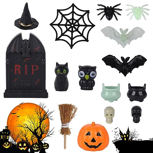 Gukasxi 31 Pcs Halloween Mini Ornamente Dekoration, Kunststoff Halloween Geist dekorative Ornamente, realistische Schädel Hexe Hut Hexe Kessel Tiegel Glas Spinne Fledermäuse Besen für Halloween Party von Gukasxi