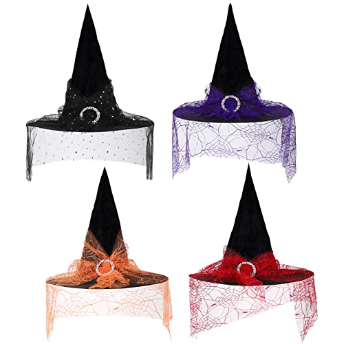 Gukasxi 4 Stück Halloween Hexenhut für Frauen Mädchen, Vintage Hexenhut, elegante Halloween Kostüm Hexenhut Kappe mit Spitzenschleier, Halloween Hexen Kostüm Zubehör, Hexen Kostüm Zubehör… von Gukasxi