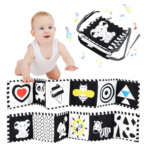 Gukasxi Black & White Stoff-Buch,Kontrastbuch Baby Schwarz Weiß Doppelseitig Baby Stoffbuch mit Spiegeln Soft Bilderbuch aus Stoff Sensorisches Spielzeug für Babygeschenke von 0–6 Monaten (Style-A) von Gukasxi