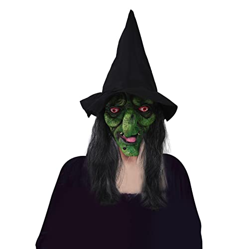 Gukasxi Halloween Hexe Maske Hexenperücken Hexenhut, Horror Grüne Hexe Cosplay Kostüm, Halloween Gruseliges Kostüm Hexe Zauberer, Masken Gruselige Erwachsene Party Cosplay Requisiten von Gukasxi