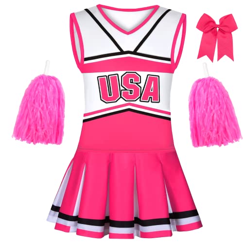 Gukuu&co Cheerleader-Kostüm für Mädchen, Cheerleader-Outfit mit Pompons für Halloween, Sport, Cheerleader-Geschenke, rosa Cheerleader-Kostüm, 5–6 Jahre) von Gukuu&co