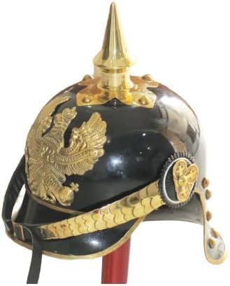 Deutscher Helm | Leder Pickelhaube Imperial Preußischer Helm | Messing Militär Offizier Spiked Top Herren Kostüm | WWI & WWII Helme Replik LARP Re-Enactment Party Cosplay Kostüme Schwarz Gold von Gulvintilabcal