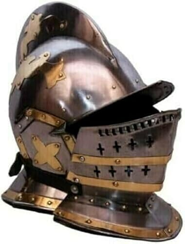 Gulvintilabcal Mittelalterlicher Helm, Stahlritter-Rüstung, Kampfsport, Messing-Akzent, LARP-Kopf-Kostüm für Rollenspiel/Cosplay und Heimdekoration von Gulvintilabcal