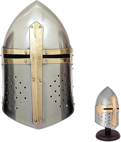 Gulvintilabcal Mittelalterlicher Krieger-Tempelhelm aus Messing, Kreuzritterhelm | tragbar für Erwachsene | Mittelalter-Kostüme Silber, Standard von Gulvintilabcal