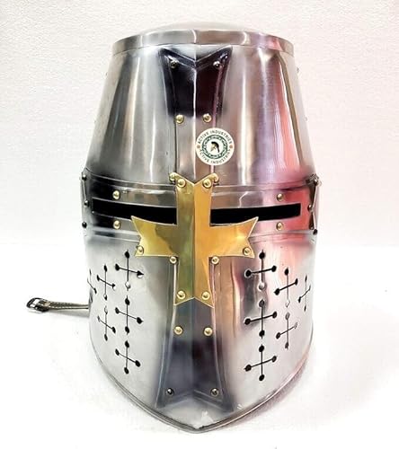 Gulvintilabcal Mittelalterlicher antiker Kreuzritter-Tempelhelm, Halloween, tragbarer Ritterhelm mit Lederriemen, Rüstungshelm von Gulvintilabcal