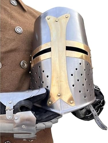 Gulvintilabcal Premium Tempelhelm aus Stahl und Messing, Mittelalter Kreuzritter – Requisiten & Kopfbedeckung – griechische römische Spartaner-Rüstung – Silber & Gold von Gulvintilabcal