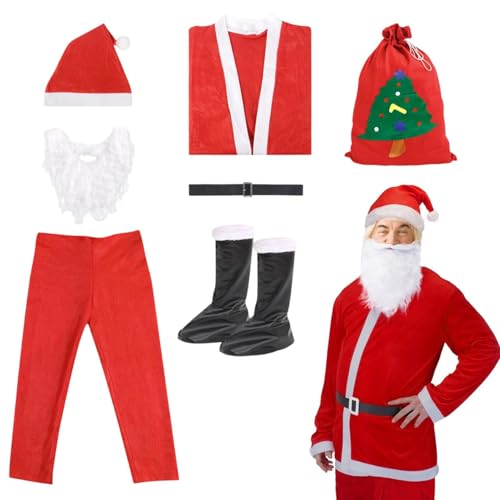 Gungtj Santa Claus Costume Set, Christmas Santa Outfit, Christmas Santa Full Costume, Unisex Holiday Costume Includes Beards Pants Boot Santa Hat and Top Belt for Adults von Gungtj