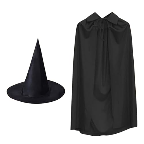 Gungtj Schwarzer Umhang, Hexenkostüm, Damen-Halloween-Hexenkostüm, schwarzer Veloursumhang, spitzer Hexenhut und Umhang, Halloween-Kostüm, perfekt und geeignet für Erwachsene von Gungtj