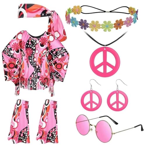 Gungtj Womens 70s Hippie Costume | 7 Piece Retro Disco Outfit | Hippie Accessories | Vintage Style Dress for Adult Women | Ideal for Halloween and 70s Parties von Gungtj