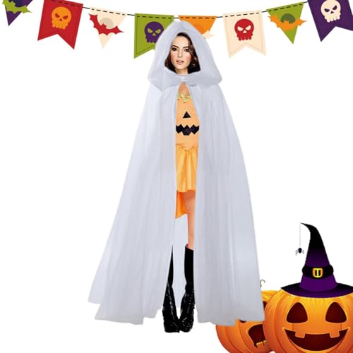 Long Hooded Halloween Cape, Ghost and Wizard Costume Cloak for Adults and Teens, Tulle Sheer Performance Cape for Halloween Celebrations and Theatrical Events, Long Ghost Costume von Gungtj