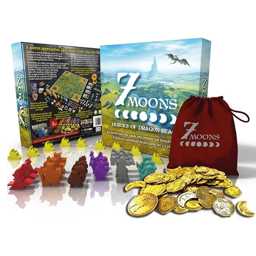 7 Moons: Heroes of Dragon Reach - Ein Dungeons and Dragons Style Fantasy Strategie Abenteuer Brettspiel für 1-4 Spieler - Deluxe Edition mit Goldmünzen und benutzerdefinierten Meeeples von Gunpowder Studios