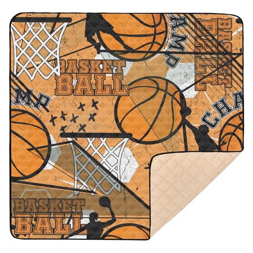 Große stabile Baby-Spielmatte für drinnen und draußen, 127 x 127 cm, Grunge-Stil, Basketballspieler, Orange, waschbar, Bauchzeitmatte für Babys, Kleinkinder, Säuglinge von GuoChe