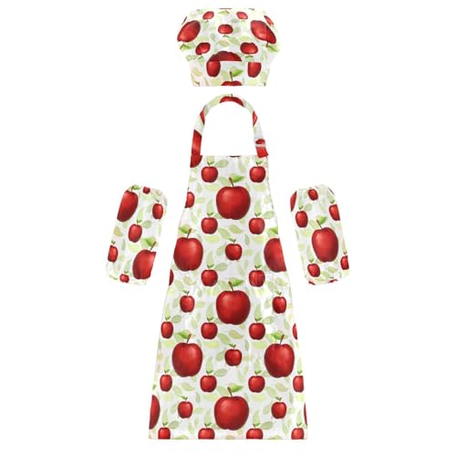 GuoChe - 3er Set Kinder Kochschürzen Lustige Rote Früchte Äpfel Küche Kinder Schürzen mit Taschen für Jungen Mädchen Obst Apfel M von GuoChe