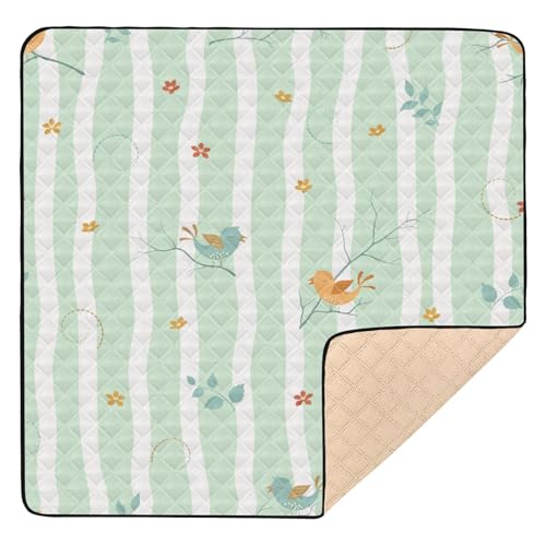 GuoChe Große rutschfeste Baby-Spielmatte für drinnen und draußen, 127 x 127 cm, Frühlingsvögel, Tier, grüne Streifen, leichte Bauch- und Krabbelmatte für Babys, Säuglinge, Kleinkinder von GuoChe