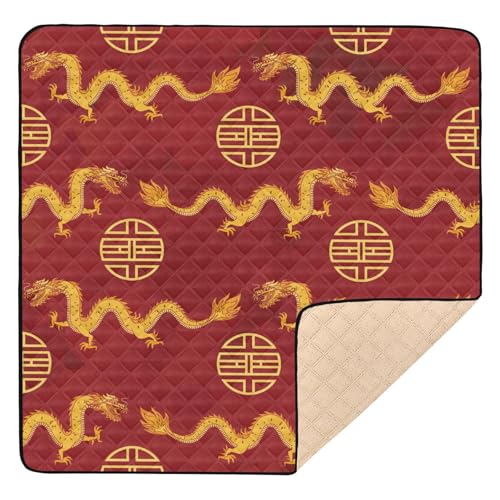 GuoChe Große stabile Baby-Spielmatte für drinnen und draußen, 127 x 127 cm, orientalische goldene Drachen, chinesisches Ornament, rot, bequeme Bauchzeit-Aktivitätsmatte für Babys, Kinder, Kleinkinder, von GuoChe