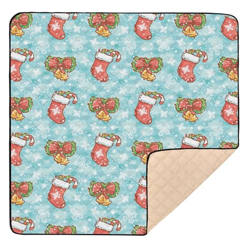 GuoChe Große stilvolle Baby-Gymnastik- und Aktivitätsmatte für den Boden, 127 x 127 cm, niedliche Weihnachtsstrümpfe, Neujahrsschleife, Glocke, Blau, 1-teilige Bauch- und Krabbelmatte für Babys, von GuoChe