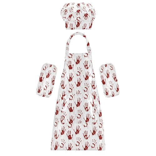 GuoChe Kinder-Küchen-Set, 3-teiliges Set, bequeme rote Hände, Happy Halloween-Druck, mit Taschen, für Bastelarbeiten, Basteln, rote Hände von GuoChe