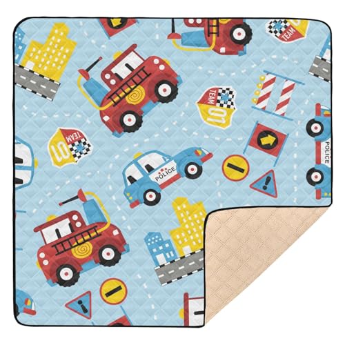 GuoChe Weiche, dicke Baby-Gymnastik- und Aktivitätsmatte für drinnen und draußen, 127 x 127 cm, Cartoon-Rettung, bunte Lastwagen, blau, wasserdicht, Bauch-Aktivitätsmatte für Babys, Kleinkinder, von GuoChe