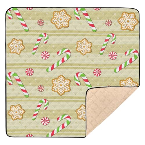 GuoChe Weiche, dicke Baby-Spielmatte für drinnen und draußen, 127 x 127 cm, Weihnachten, Zuckerstangen, Kekse, beige gestreift, tragbare Spielzimmer-Aktivitätsmatte für Babys, Säuglinge, Kleinkinder von GuoChe