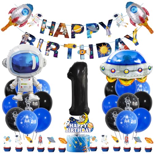 Guoguonb 1 Jahre Weltraum Geburtstag Deko Schwarz 1. Geburtstag Astronauten Raketen Zahlenballon 1 Folienballon Bedruckte Ballons Banner Tortendekoration für Kindergeburtstag Partyset Dekoration von Guoguonb