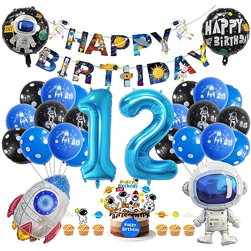 Guoguonb 12. Geburtstag Weltraum Party Deko Astronauten Raketen Folienballon Luftballons Space theme Cupcake Topper Tortendekoration Happy Birthday Banner für 12 Jahre Jungen Birthday Decorations von Guoguonb