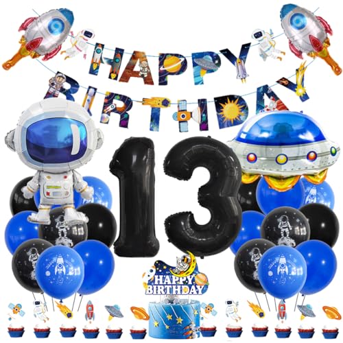 Guoguonb 13 Jahre Weltraum Geburtstag Deko Schwarz 13. Geburtstag Astronauten Raketen Zahlenballon 13 Folienballon Bedruckte Ballons Banner Tortendekoration für Kindergeburtstag Partyset Dekoration von Guoguonb