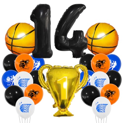 Guoguonb 14 Jahre Basketball Geburtstag Deko Schwarz 14. Geburtstag Trophäen Großer Basketball Zahlenballon 14 Folienballon Bedruckte Ballons für 14st Geburtstag Partyset Dekoration von Guoguonb