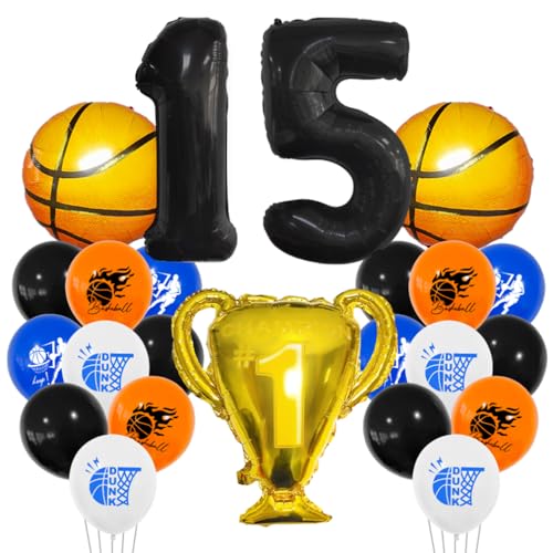 Guoguonb 15 Jahre Basketball Geburtstag Deko Schwarz 15. Geburtstag Trophäen Großer Basketball Zahlenballon 15 Folienballon Bedruckte Ballons für 15st Geburtstag Partyset Dekoration von Guoguonb