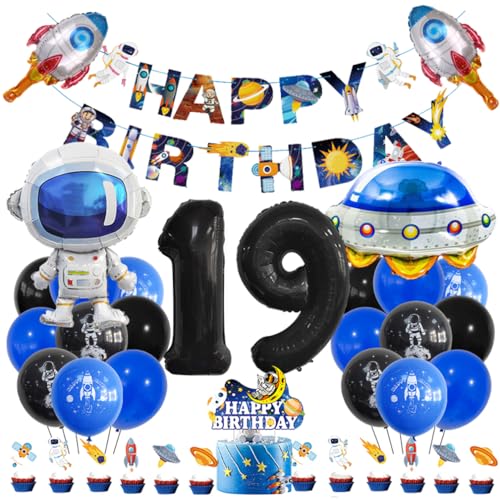 Guoguonb 19 Jahre Weltraum Geburtstag Deko Schwarz 19. Geburtstag Astronauten Raketen Zahlenballon 19 Folienballon Bedruckte Ballons Banner Tortendekoration für Kindergeburtstag Partyset Dekoration von Guoguonb