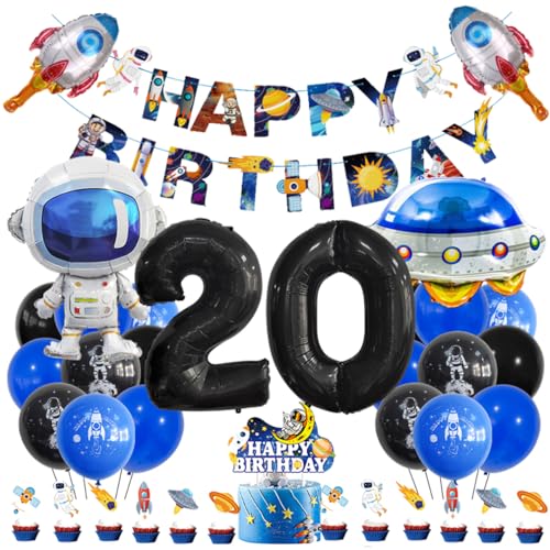 Guoguonb 20 Jahre Weltraum Geburtstag Deko Schwarz 20. Geburtstag Astronauten Raketen Zahlenballon 20 Folienballon Bedruckte Ballons Banner Tortendekoration für Kindergeburtstag Partyset Dekoration von Guoguonb