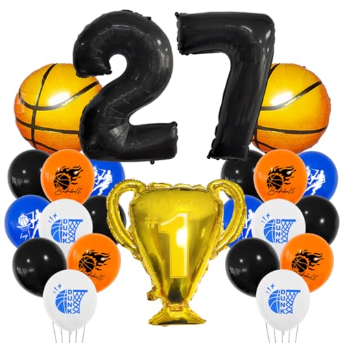 Guoguonb 27 Jahre Basketball Geburtstag Deko Schwarz 27. Geburtstag Trophäen Großer Basketball Zahlenballon 27 Folienballon Bedruckte Ballons für 27st Geburtstag Partyset Dekoration von Guoguonb