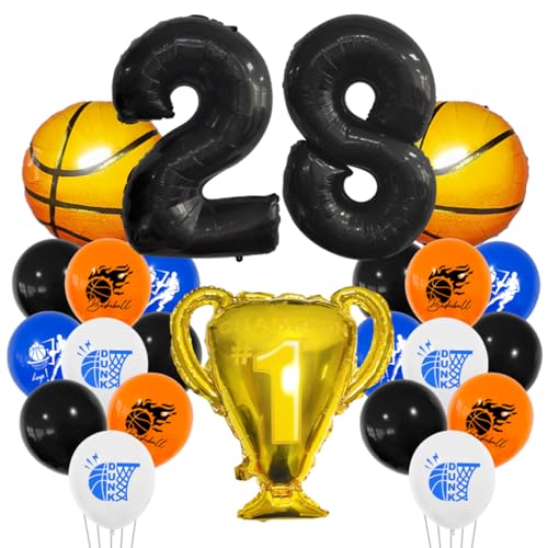 Guoguonb 28 Jahre Basketball Geburtstag Deko Schwarz 28. Geburtstag Trophäen Großer Basketball Zahlenballon 28 Folienballon Bedruckte Ballons für 28st Geburtstag Partyset Dekoration von Guoguonb