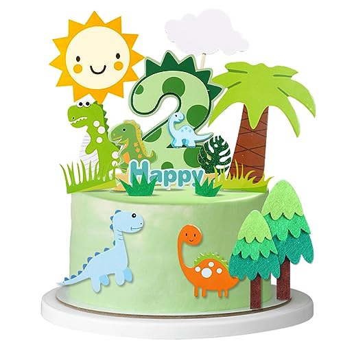 Guoguonb 2th Happy Birthday Dinosaurier Tortendeko 2 Jahre Grüner Dschungel Kuchendeko Thema Dinosaurier Cake Topper für Kinder Party Geburtstag Deko Muffin Backen Kuchenaufsätze von Guoguonb