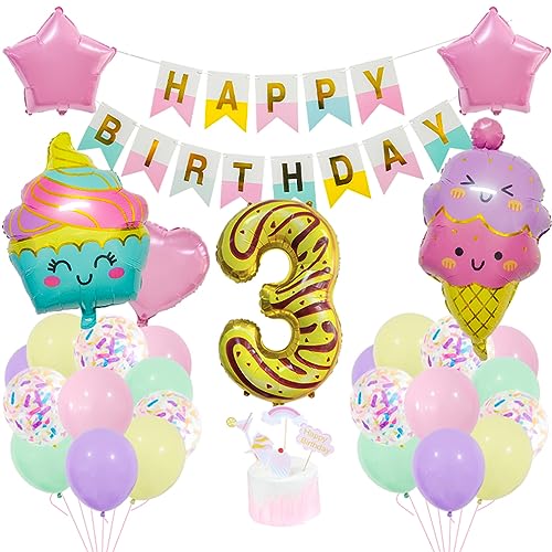 Guoguonb 3 Jahre EiscremeGeburtstag Deko Zahlenballon 3 Folienballon Bunte Luftballons Coole Sommer-Themen Themen Cupcake Tortendekoration Happy Birthday Banner für Kinder Mädchen Geburtstag Party von Guoguonb