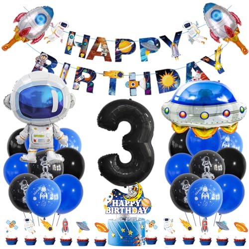 Guoguonb 3 Jahre Weltraum Geburtstag Deko Schwarz 3. Geburtstag Astronauten Raketen Zahlenballon 3 Folienballon Bedruckte Ballons Banner Tortendekoration für Kindergeburtstag Partyset Dekoration von Guoguonb