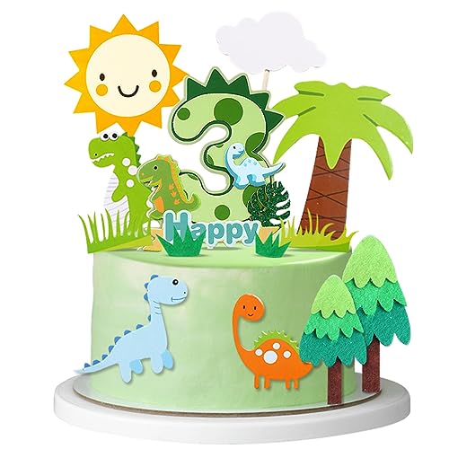 Guoguonb 3th Happy Birthday Dinosaurier Tortendeko 3 Jahre Grüner Dschungel Kuchendeko Thema Dinosaurier Cake Topper für Kinder Party Geburtstag Deko Muffin Backen Kuchenaufsätze von Guoguonb