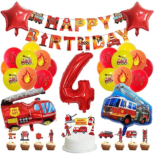 Guoguonb 4 Jahre Feuerwehrauto Geburtstag Party Dekoration Happy Birthday Banner Feuerwehr Bedruckte Ballons Feuerwehr Tortendekoration für Kindergeburtstag 4.Geburtstag Party Dekoration von Guoguonb