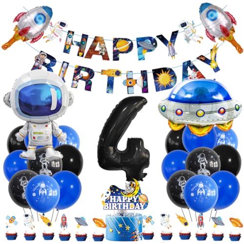 Guoguonb 4 Jahre Weltraum Geburtstag Deko Schwarz 4. Geburtstag Astronauten Raketen Zahlenballon 4 Folienballon Bedruckte Ballons Banner Tortendekoration für Kindergeburtstag Partyset Dekoration von Guoguonb