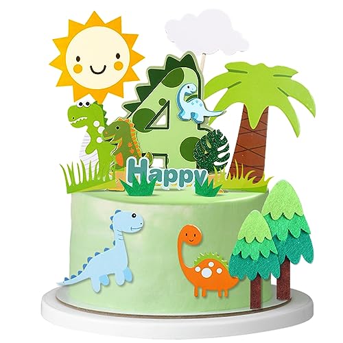 Guoguonb 4th Happy Birthday Dinosaurier Tortendeko 4 Jahre Grüner Dschungel Kuchendeko Thema Dinosaurier Cake Topper für Kinder Party Geburtstag Deko Muffin Backen Kuchenaufsätze von Guoguonb