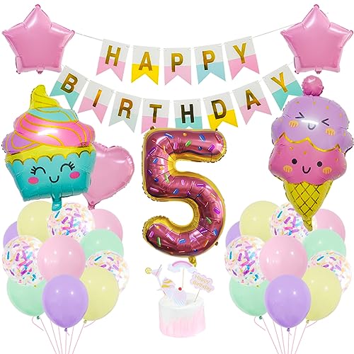 Guoguonb 5 Jahre EiscremeGeburtstag Deko Zahlenballon 5 Folienballon Bunte Luftballons Coole Sommer-Themen Themen Cupcake Tortendekoration Happy Birthday Banner für Kinder Mädchen Geburtstag Party von Guoguonb