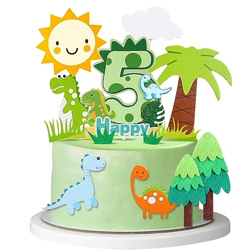 Guoguonb 5th Happy Birthday Dinosaurier Tortendeko 5 Jahre Grüner Dschungel Kuchendeko Thema Dinosaurier Cake Topper für Kinder Party Geburtstag Deko Muffin Backen Kuchenaufsätze von Guoguonb