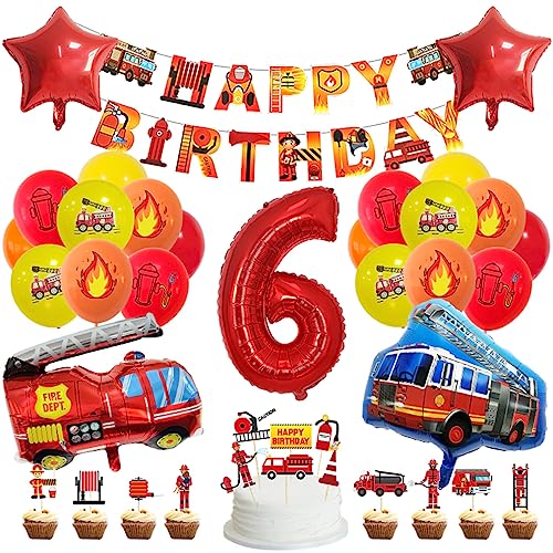 Guoguonb 6 Jahre Feuerwehrauto Geburtstag Party Dekoration Happy Birthday Banner Feuerwehr Bedruckte Ballons Feuerwehr Tortendekoration für Kindergeburtstag 6.Geburtstag Party Dekoration von Guoguonb