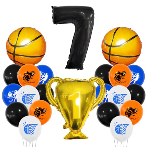 Guoguonb 7 Jahre Basketball Geburtstag Deko Schwarz 7. Geburtstag Trophäen Großer Basketball Zahlenballon 7 Folienballon Bedruckte Ballons für 7st Geburtstag Partyset Dekoration von Guoguonb