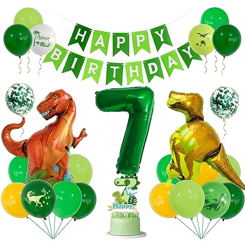 Guoguonb 7 Jahre Dino Geburtstag Deko Zahlenballon 7 Folienballon Luftballons Dinosaurier Themen Cupcake Tortendekoration Happy Birthday Banner für Kindergeburtstag Dinosaurier Partyset Dekoration von Guoguonb