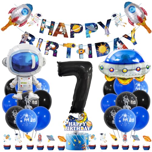 Guoguonb 7 Jahre Weltraum Geburtstag Deko Schwarz 7. Geburtstag Astronauten Raketen Zahlenballon 7 Folienballon Bedruckte Ballons Banner Tortendekoration für Kindergeburtstag Partyset Dekoration von Guoguonb