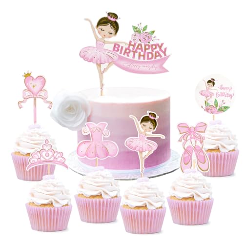 Guoguonb Ballettmädchen Tortendekorationen 1 Groß Happy Birthday Cake Topper und 6 Stück Ballett-Thema Cupcake für Erbin Hübsches Mädchen Kuchen Deko Geburtstagsparty Dekoration von Guoguonb