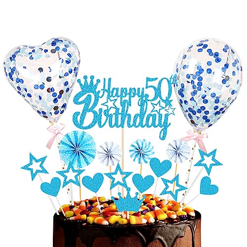 Guoguonb Blau Tortendeko Happy 50th Birthday 50 Jahre Männer Damen Kuchendeko Herz Stern Ballon Glitter Cake Topper für 50. Geburtstag Party Kuchen Deko von Guoguonb